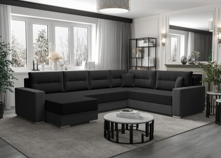 Canapé panoramique d'angle réversible 7 places convertible avec coffre en tissu Leslie