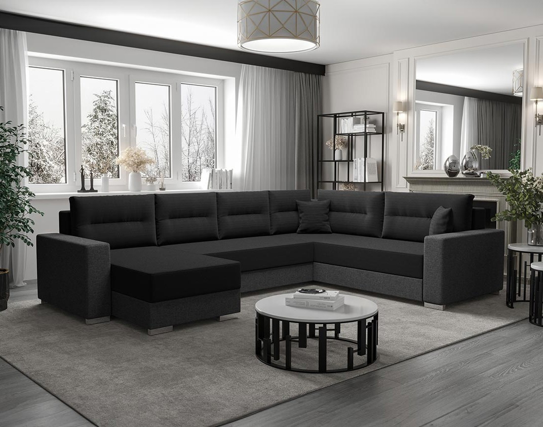 Canapé panoramique d'angle réversible 7 places convertible avec coffre en tissu Leslie