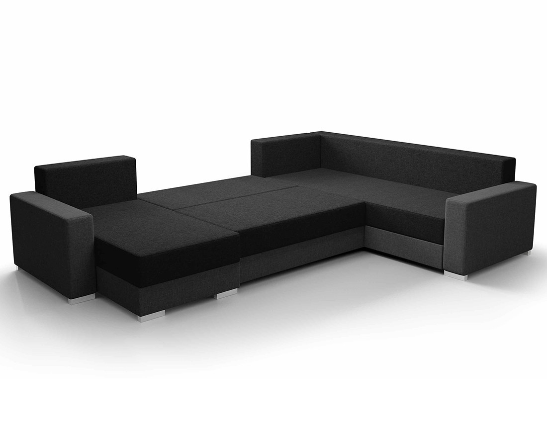 Canapé panoramique d'angle réversible 7 places convertible avec coffre en tissu Leslie