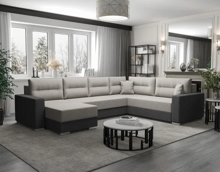 Canapé panoramique d'angle réversible 7 places convertible avec coffre en tissu Leslie