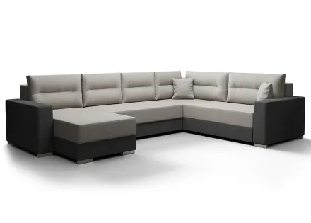 Canapé panoramique d'angle droit 7 places convertible avec coffre en tissu Leslie