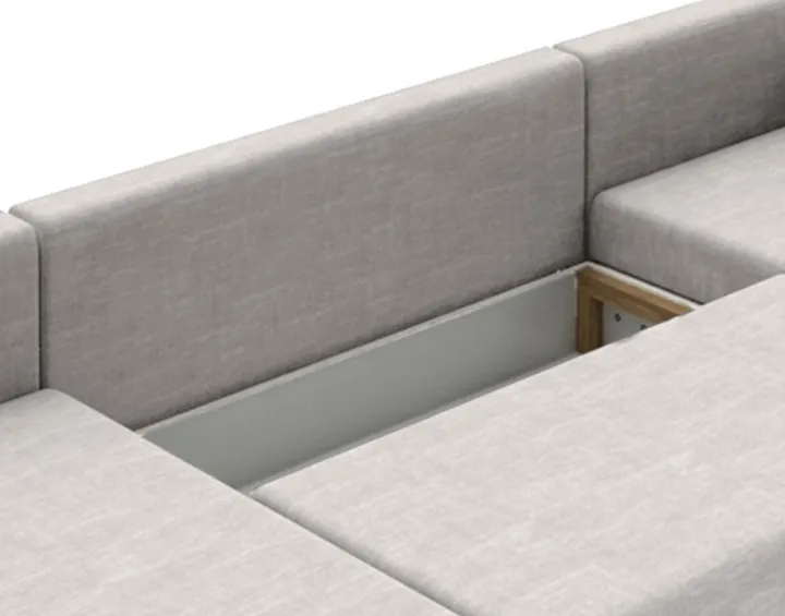 Canapé panoramique d'angle droit 7 places convertible avec coffre en tissu Leslie Canapé panoramique d'angle droit 7 places convertible avec coffre en tissu Leslie