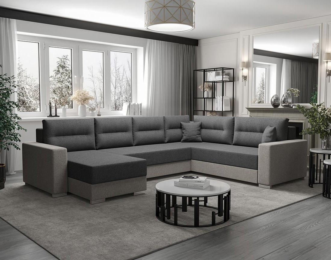 Canapé panoramique d'angle réversible 7 places convertible avec coffre en tissu Leslie