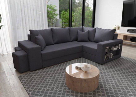 Canapé d'angle droit 4 places convertible avec coffre, étagère et poufs en tissu Libbie