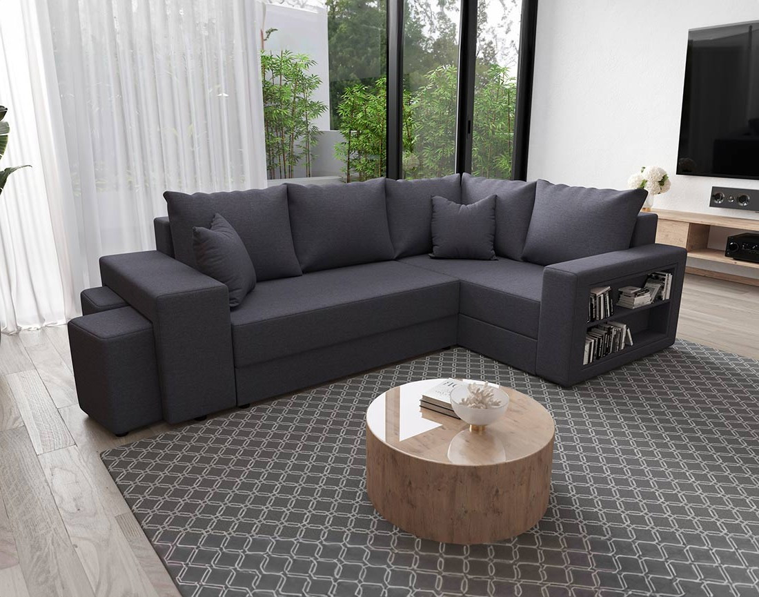 Canapé d'angle droit 4 places convertible avec coffre, étagère et poufs en tissu Libbie Canapé d'angle droit 4 places convertible avec coffre, étagère et poufs en tissu Libbie