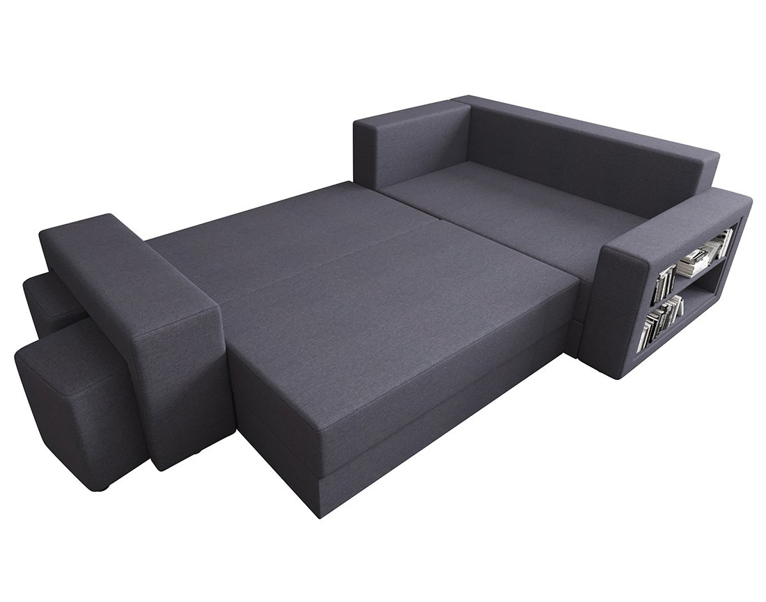 Canapé d'angle droit 4 places convertible avec coffre, étagère et poufs en tissu Libbie Canapé d'angle droit 4 places convertible avec coffre, étagère et poufs en tissu Libbie