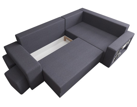 Canapé d'angle droit 4 places convertible avec coffre, étagère et poufs en tissu Libbie