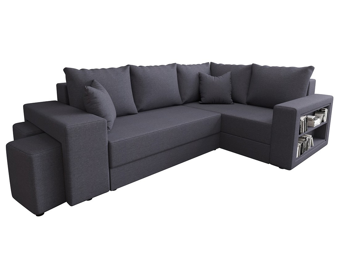 Canapé d'angle droit 4 places convertible avec coffre, étagère et poufs en tissu Libbie Canapé d'angle droit 4 places convertible avec coffre, étagère et poufs en tissu Libbie