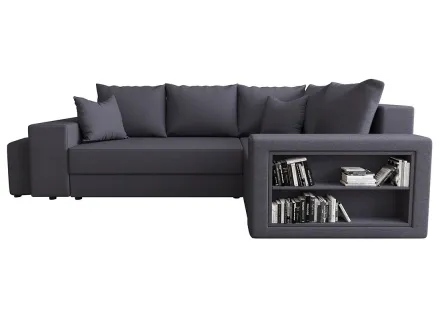 Canapé d'angle droit 4 places convertible avec coffre, étagère et poufs en tissu Libbie