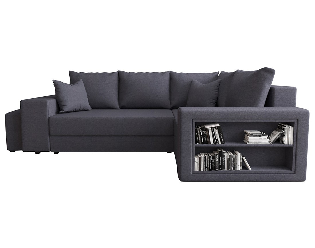 Canapé d'angle droit 4 places convertible avec coffre, étagère et poufs en tissu Libbie Canapé d'angle droit 4 places convertible avec coffre, étagère et poufs en tissu Libbie