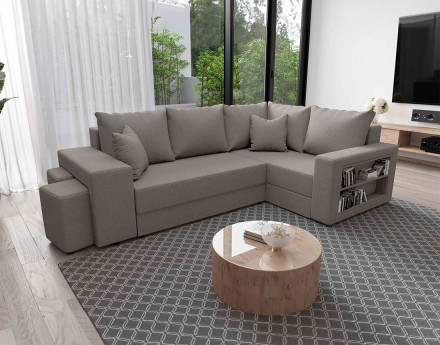 Canapé d'angle droit 4 places convertible avec coffre, étagère et poufs en tissu Libbie