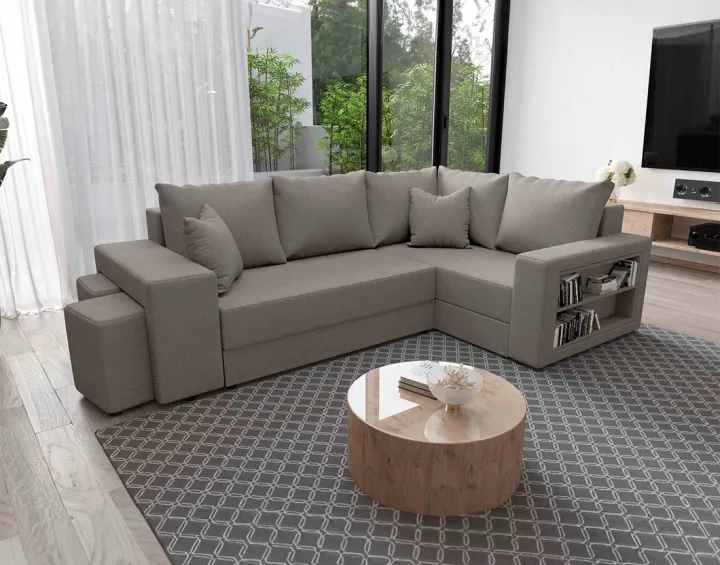 Canapé d'angle droit 4 places convertible avec coffre, étagère et poufs en tissu Libbie