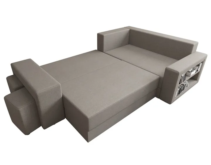 Canapé d'angle droit 4 places convertible avec coffre, étagère et poufs en tissu Libbie Canapé d'angle droit 4 places convertible avec coffre, étagère et poufs en tissu Libbie