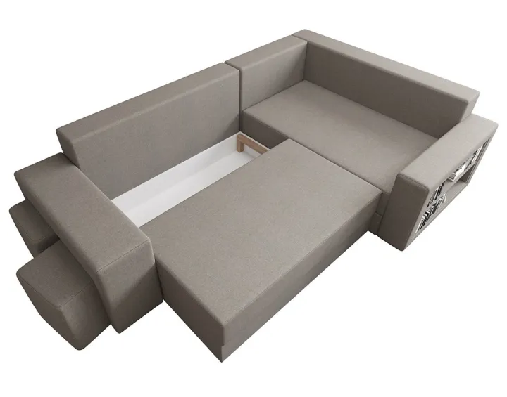 Canapé d'angle droit 4 places convertible avec coffre, étagère et poufs en tissu Libbie Canapé d'angle droit 4 places convertible avec coffre, étagère et poufs en tissu Libbie