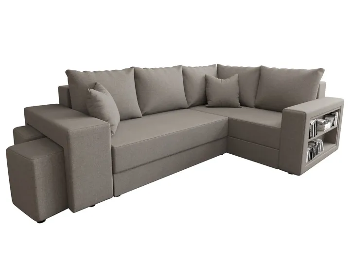 Canapé d'angle droit 4 places convertible avec coffre, étagère et poufs en tissu Libbie Canapé d'angle droit 4 places convertible avec coffre, étagère et poufs en tissu Libbie