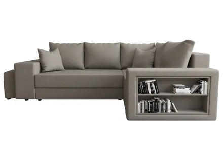Canapé d'angle droit 4 places convertible avec coffre, étagère et poufs en tissu Libbie
