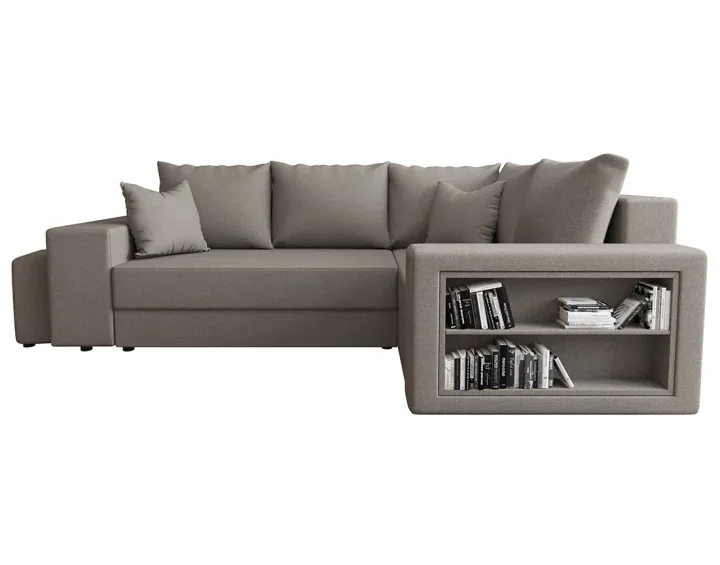 Canapé d'angle droit 4 places convertible avec coffre, étagère et poufs en tissu Libbie Canapé d'angle droit 4 places convertible avec coffre, étagère et poufs en tissu Libbie