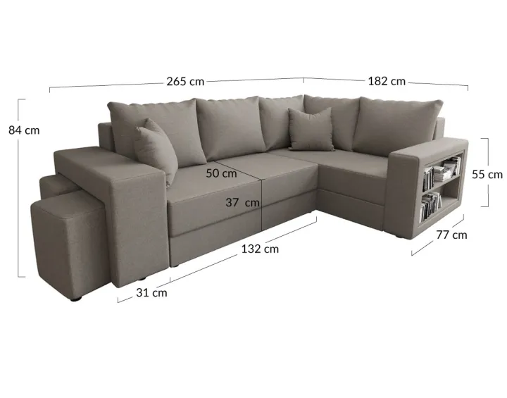 Canapé d'angle droit 4 places convertible avec coffre, étagère et poufs en tissu Libbie Canapé d'angle droit 4 places convertible avec coffre, étagère et poufs en tissu Libbie