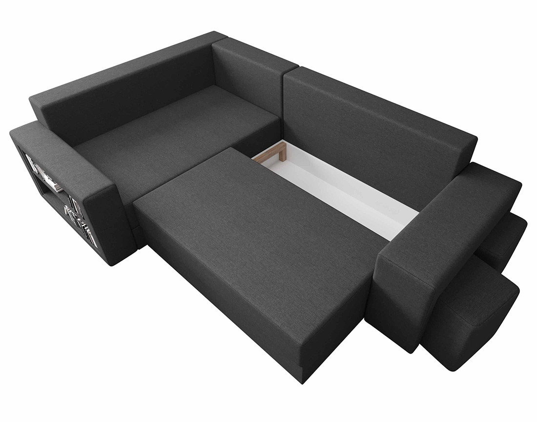 Canapé d'angle gauche 4 places convertible avec coffre, étagère et poufs en tissu Libbie