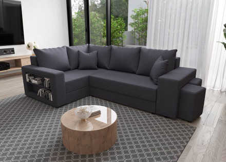 Canapé d'angle gauche 4 places convertible avec coffre, étagère et poufs en tissu Libbie