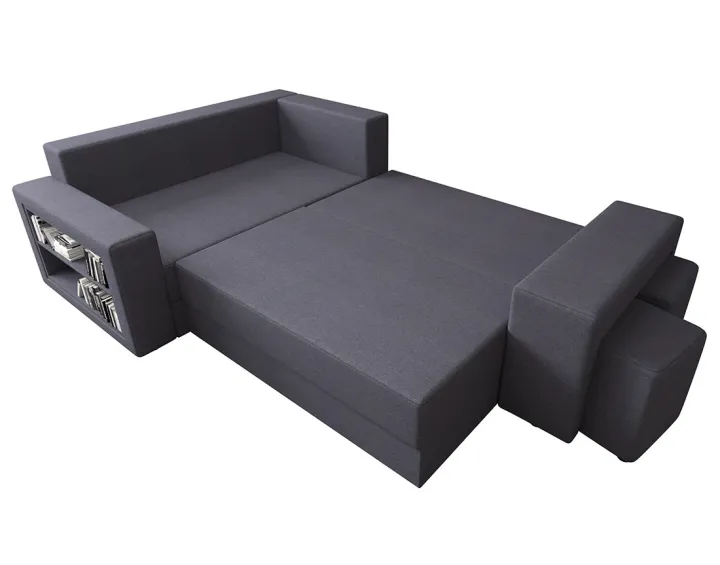 Canapé d'angle gauche 4 places convertible avec coffre, étagère et poufs en tissu Libbie Canapé d'angle gauche 4 places convertible avec coffre, étagère et poufs en tissu Libbie
