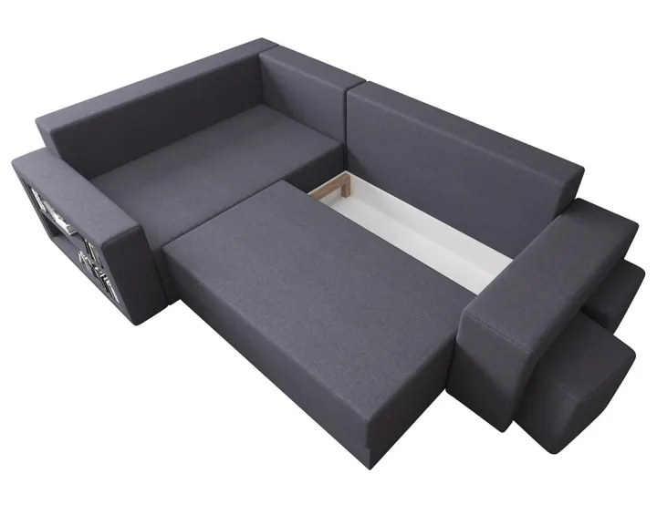 Canapé d'angle gauche 4 places convertible avec coffre, étagère et poufs en tissu Libbie Canapé d'angle gauche 4 places convertible avec coffre, étagère et poufs en tissu Libbie