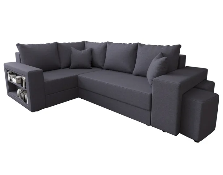 Canapé d'angle gauche 4 places convertible avec coffre, étagère et poufs en tissu Libbie Canapé d'angle gauche 4 places convertible avec coffre, étagère et poufs en tissu Libbie
