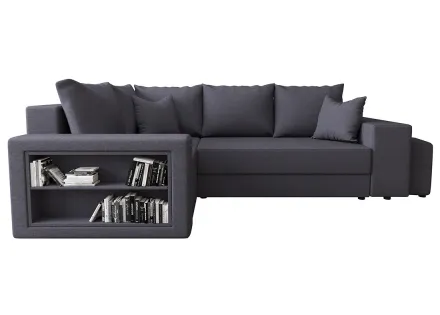 Canapé d'angle gauche 4 places convertible avec coffre, étagère et poufs en tissu Libbie