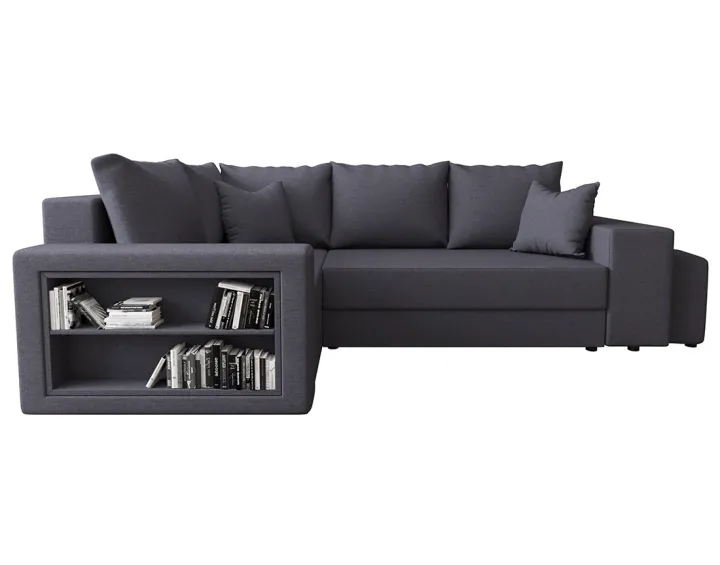 Canapé d'angle gauche 4 places convertible avec coffre, étagère et poufs en tissu Libbie Canapé d'angle gauche 4 places convertible avec coffre, étagère et poufs en tissu Libbie
