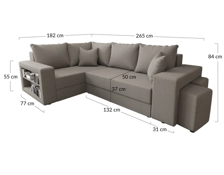 Canapé d'angle gauche 4 places convertible avec coffre, étagère et poufs en tissu Libbie Canapé d'angle gauche 4 places convertible avec coffre, étagère et poufs en tissu Libbie