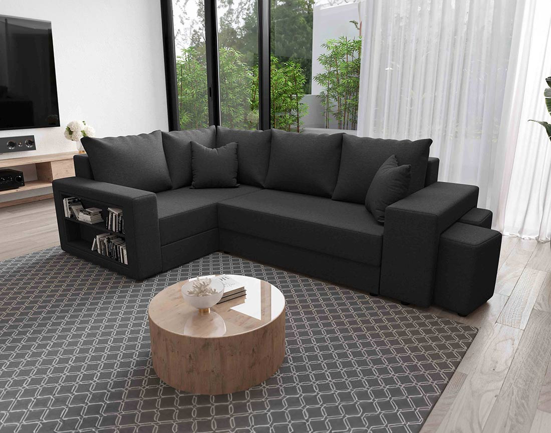 Canapé d'angle gauche 4 places convertible avec coffre, étagère et poufs en tissu Libbie