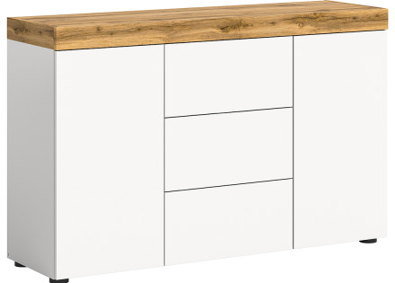 Buffet bas 2 portes et 3 tiroirs blanc et bois 125 cm Olivier