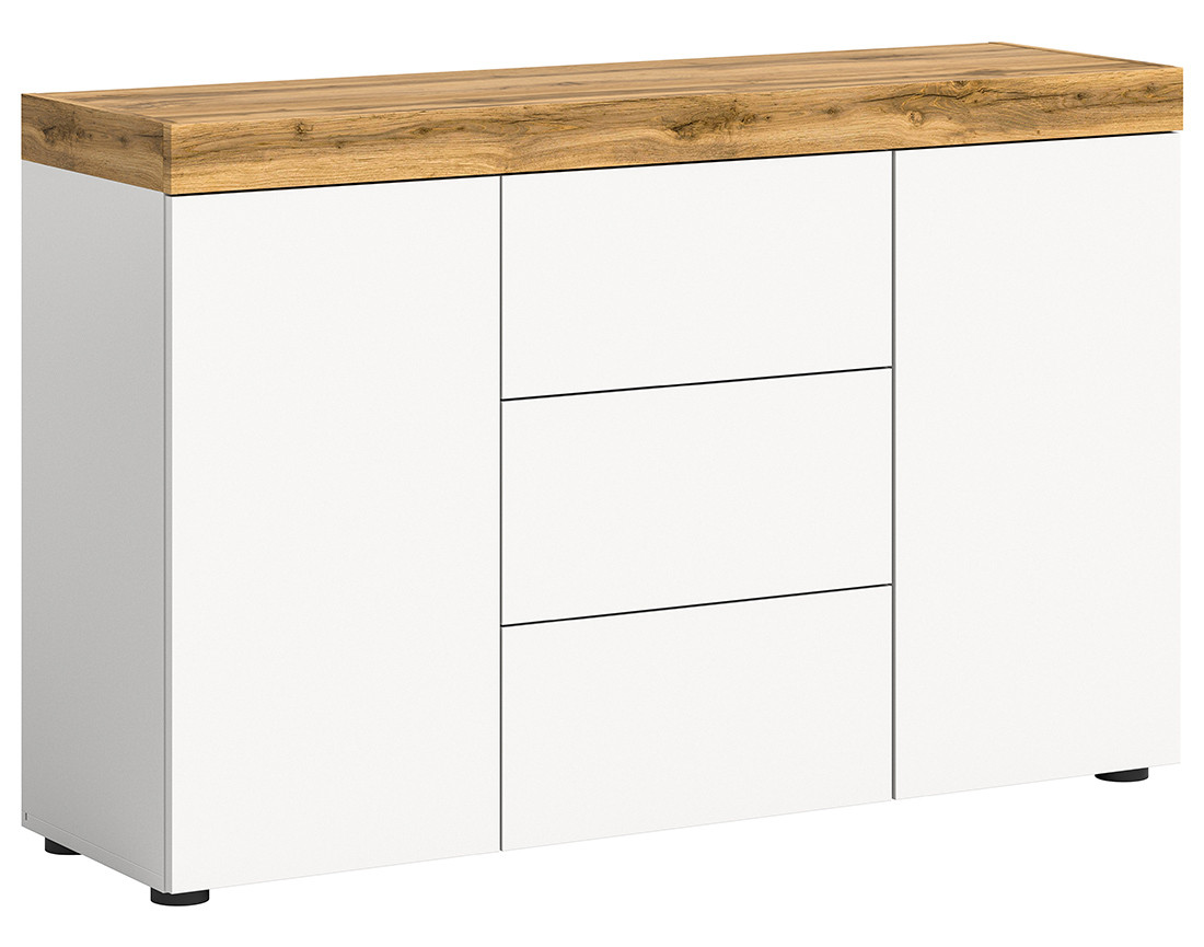 Buffet bas 2 portes et 3 tiroirs blanc et bois 125 cm Olivier