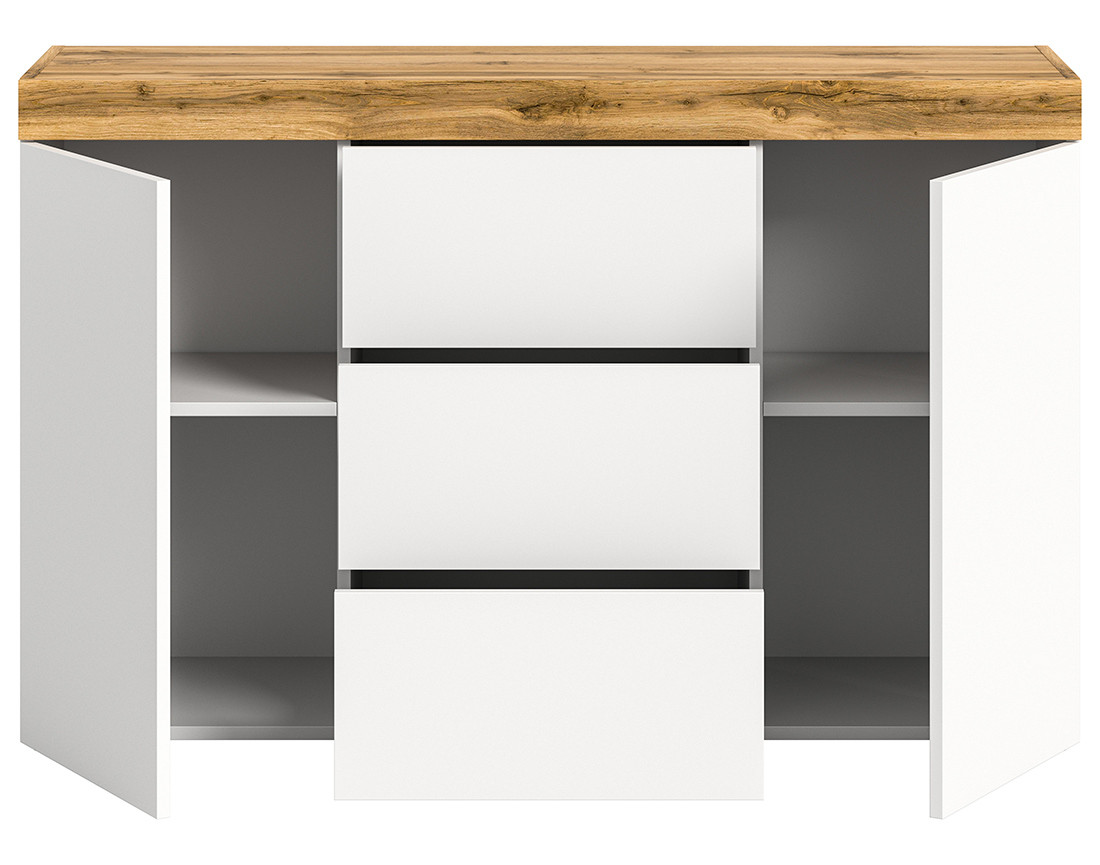 Buffet bas 2 portes et 3 tiroirs blanc et bois 125 cm Olivier