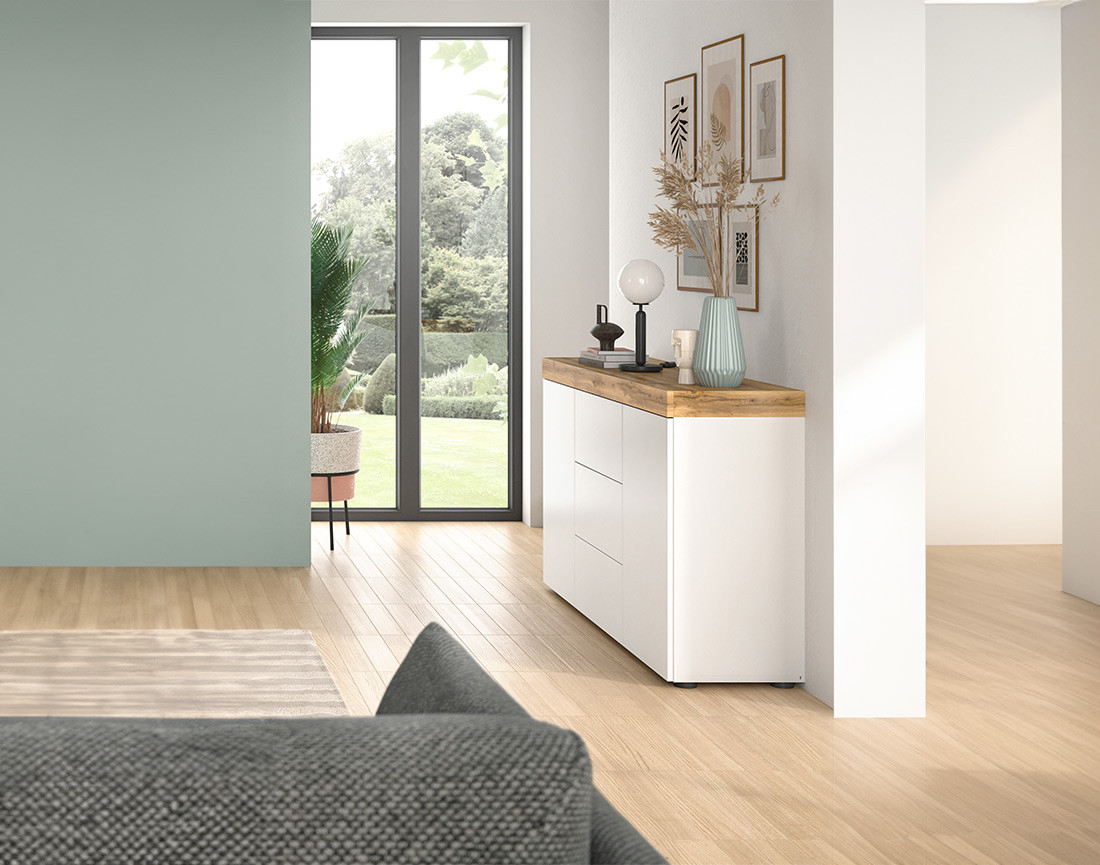 Buffet bas 2 portes et 3 tiroirs blanc et bois 125 cm Olivier