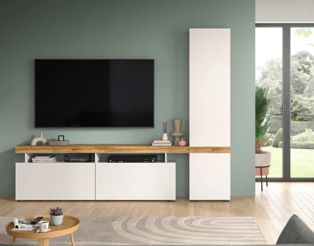 Meuble tv avec armoire 3 portes blanc et bois 235x190 cm Olivier