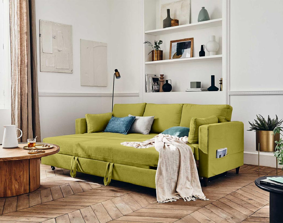 Canapé droit 3 places convertible avec poche en velours Anna