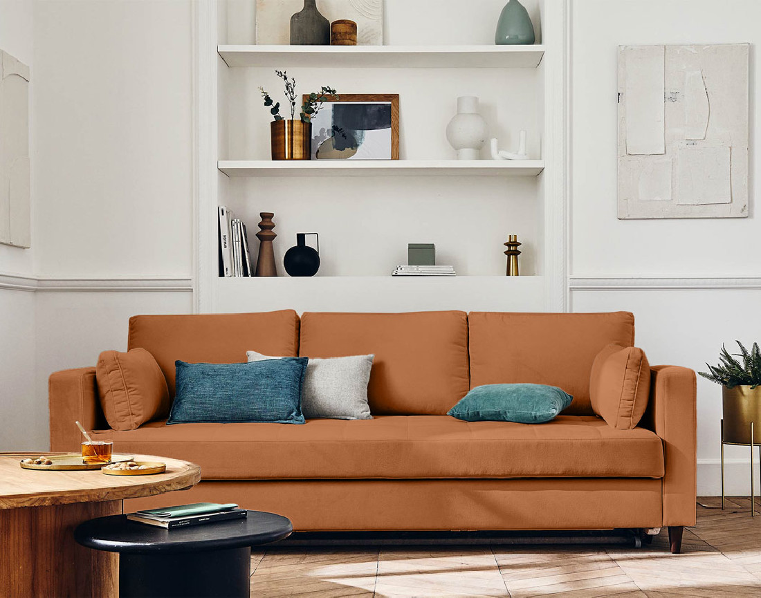 Canapé droit 3 places convertible avec poche en velours Anna