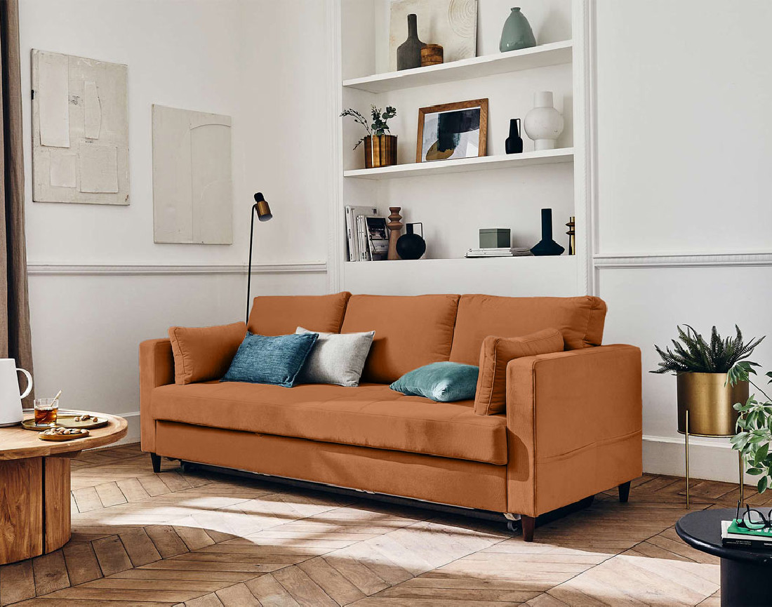 Canapé droit 3 places convertible avec poche en velours Anna