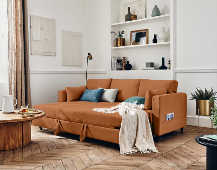 Canapé droit 3 places convertible avec poche en velours Anna