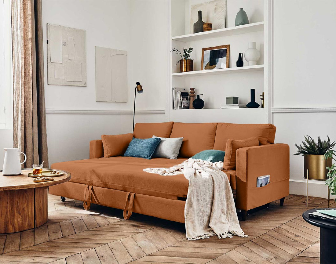 Canapé droit 3 places convertible avec poche en velours Anna