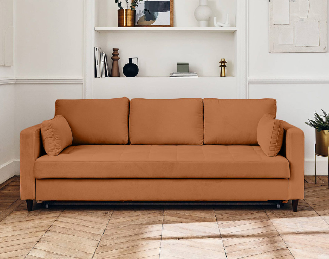 Canapé droit 3 places convertible avec poche en velours Anna