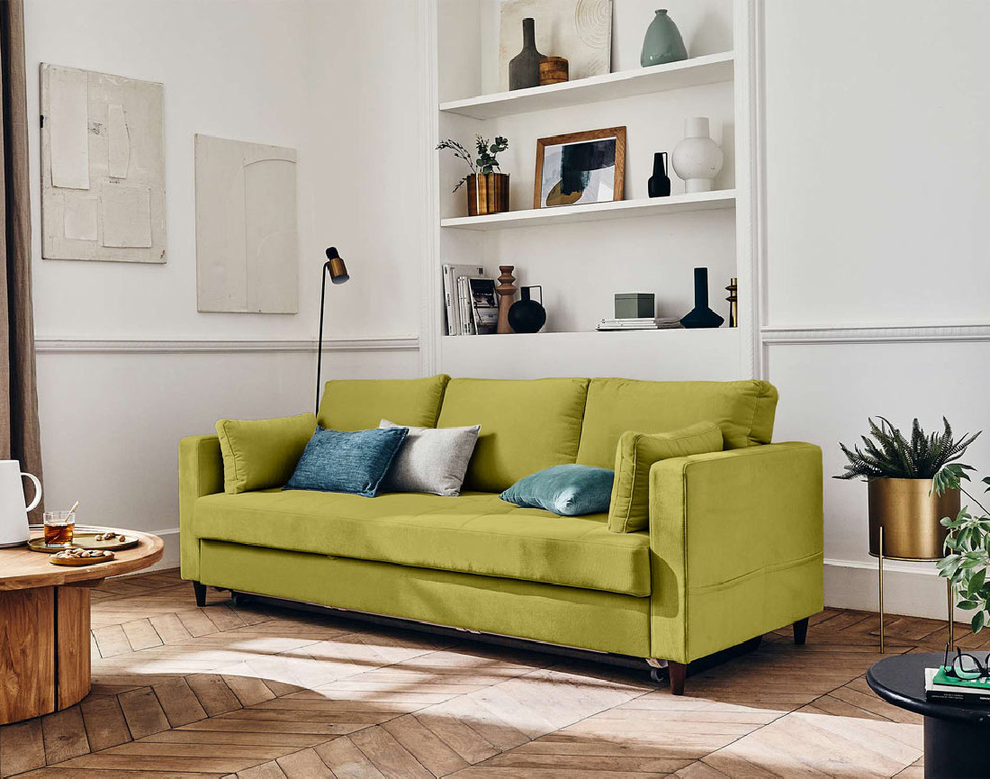 Canapé droit 3 places convertible avec poche en velours Anna