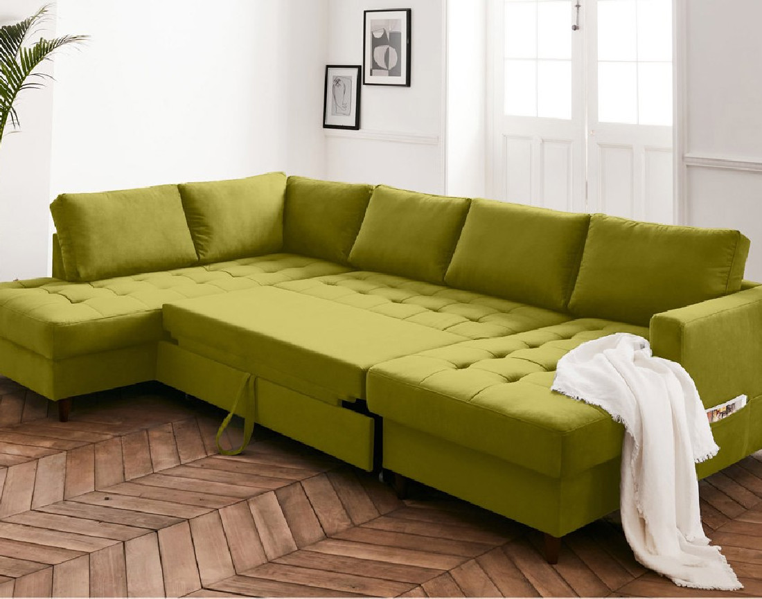 Canapé panoramique d'angle gauche 7 places convertible avec coffre en velours Anna