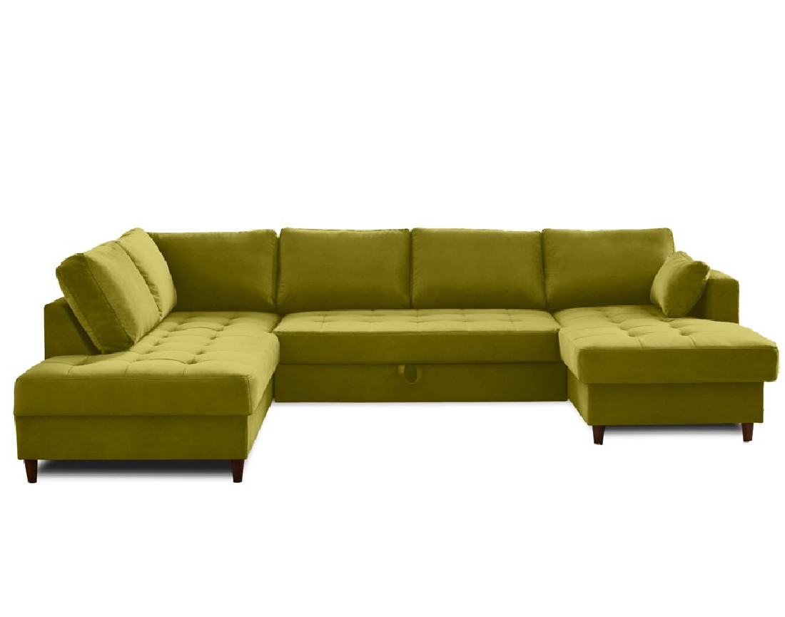 Canapé panoramique d'angle gauche 7 places convertible avec coffre en velours Anna