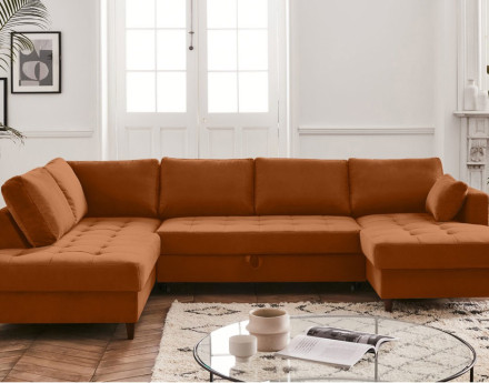 Canapé panoramique d'angle gauche 7 places convertible avec coffre en velours Anna