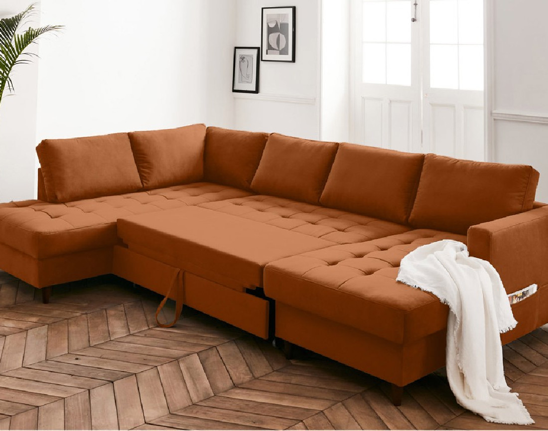 Canapé panoramique d'angle gauche 7 places convertible avec coffre en velours Anna