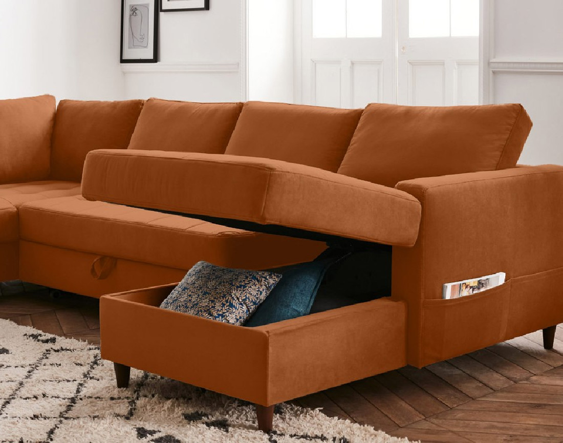 Canapé panoramique d'angle gauche 7 places convertible avec coffre en velours Anna