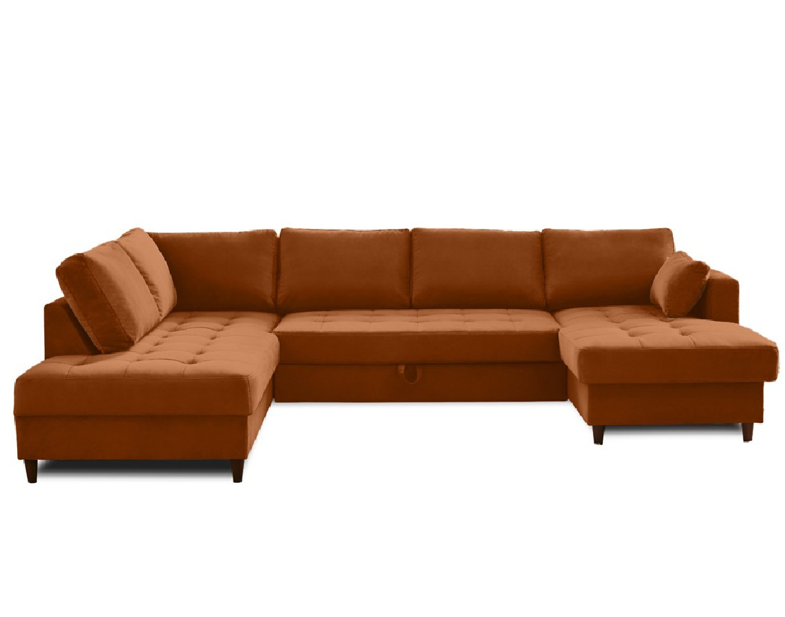Canapé panoramique d'angle gauche 7 places convertible avec coffre en velours Anna