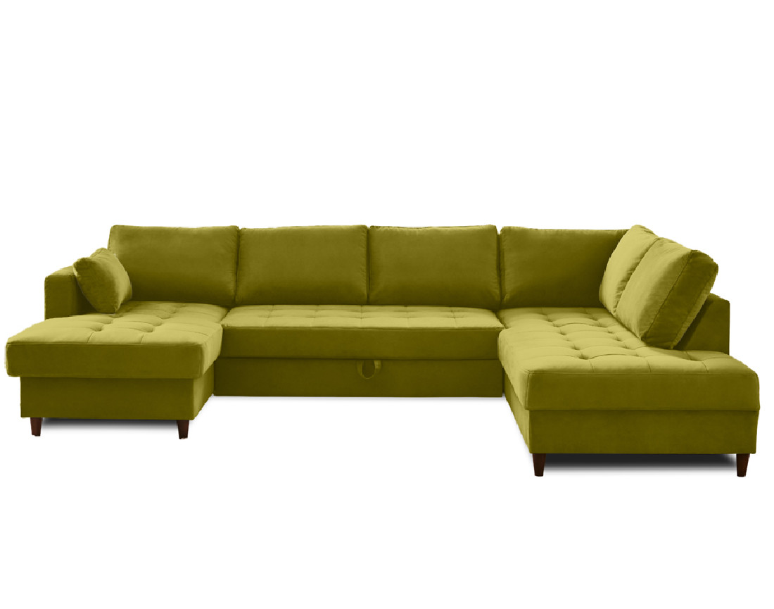 Canapé panoramique d'angle droit 7 places convertible avec coffre en velours Anna